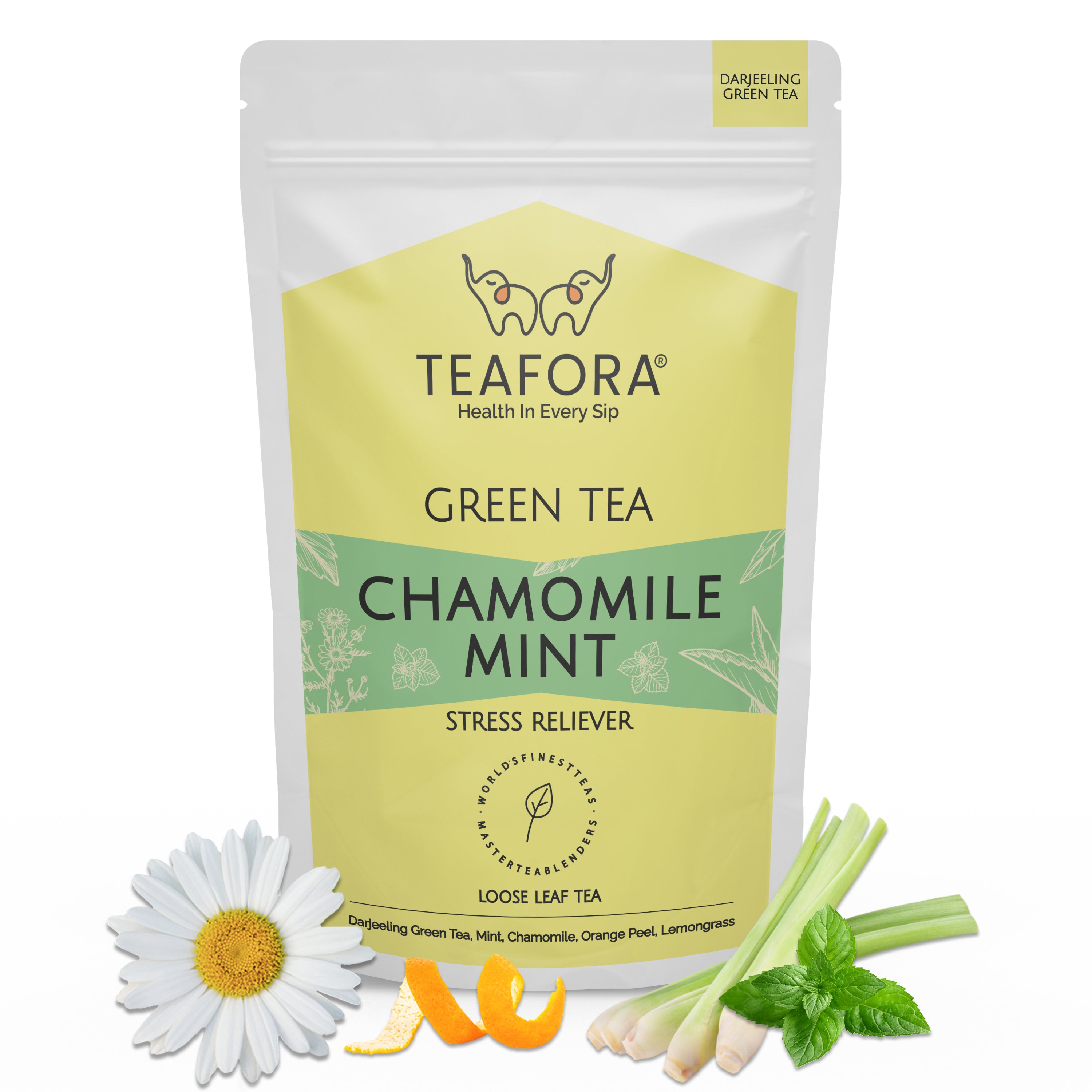 TEAFORA Chamomile Mint Green Tea | Darjeeling Loose Leaf Tea | Natural Sleep Tea with Calming & Relaxing Properties | 50 Cups Hot or Iced Tea - Dista