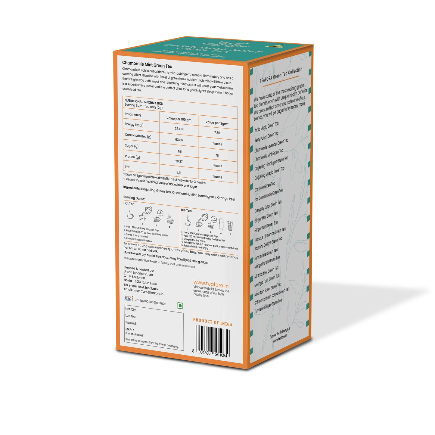 TEAFORA Chamomile Mint Green Tea | 20 Count Pyramid Tea Bags - Dista
