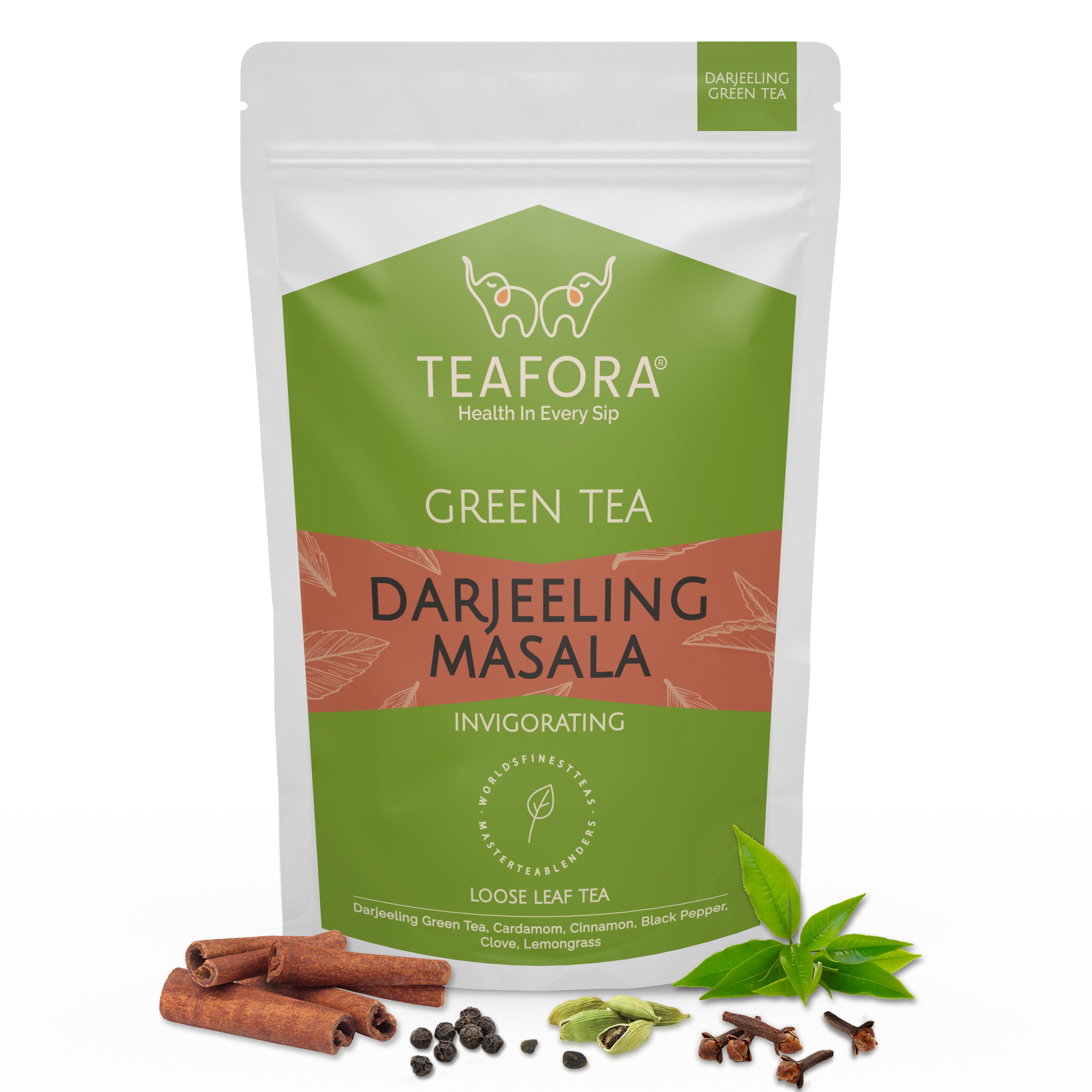 TEAFORA Darjeeling Masala Green Tea | Loose Leaves | Blended with Cardamom, Cinnamon, Black Pepper & Clove | 100% NATURAL | 50 Cups Hot or Iced Tea - Dista