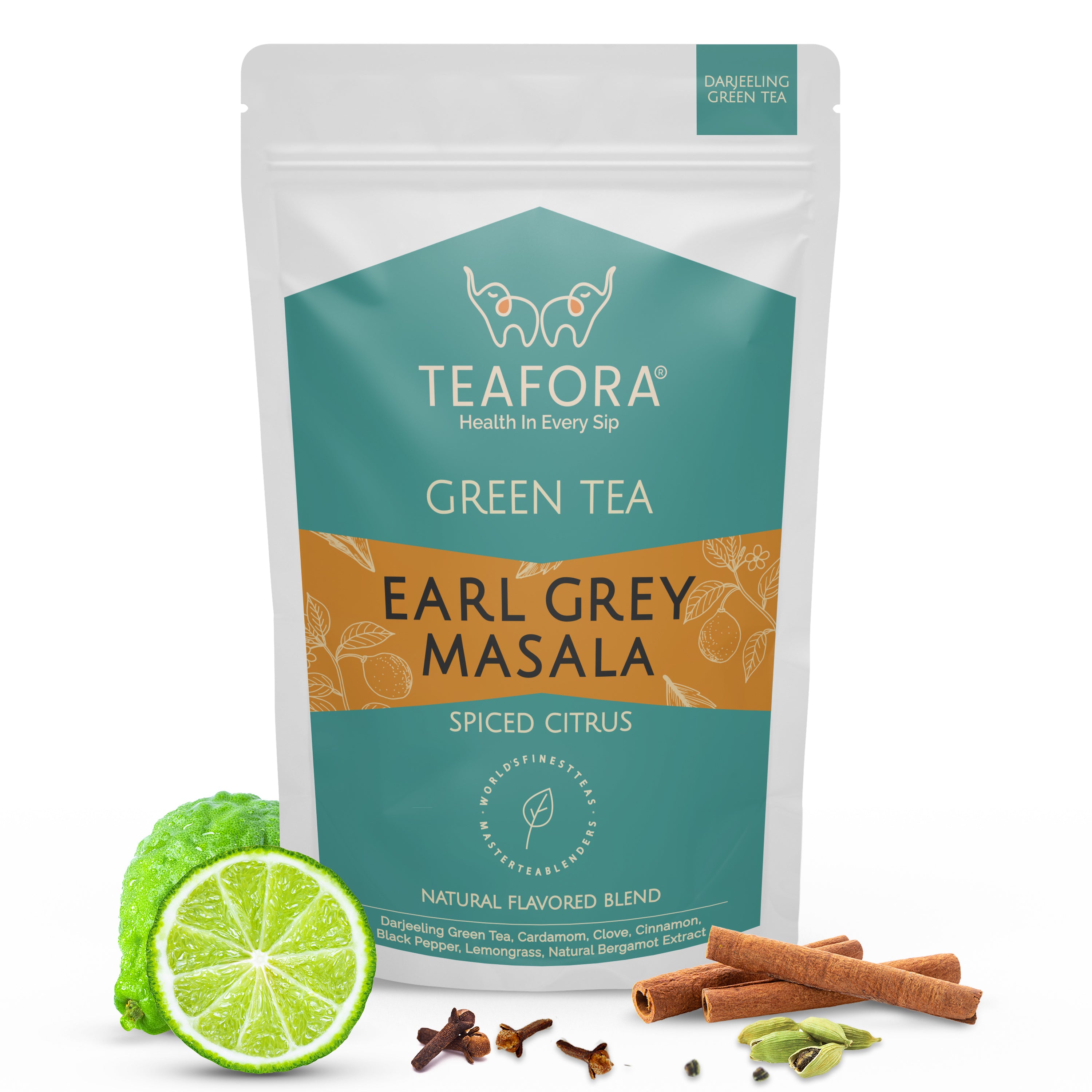 TEAFORA Earl Grey Masala Green Tea | Spiced Citrus | Darjeeling Loose Tea | Blended with Indian Aromatic Spices enriched with Bergamot extract | 50 Cups Hot or Iced Tea - Dista