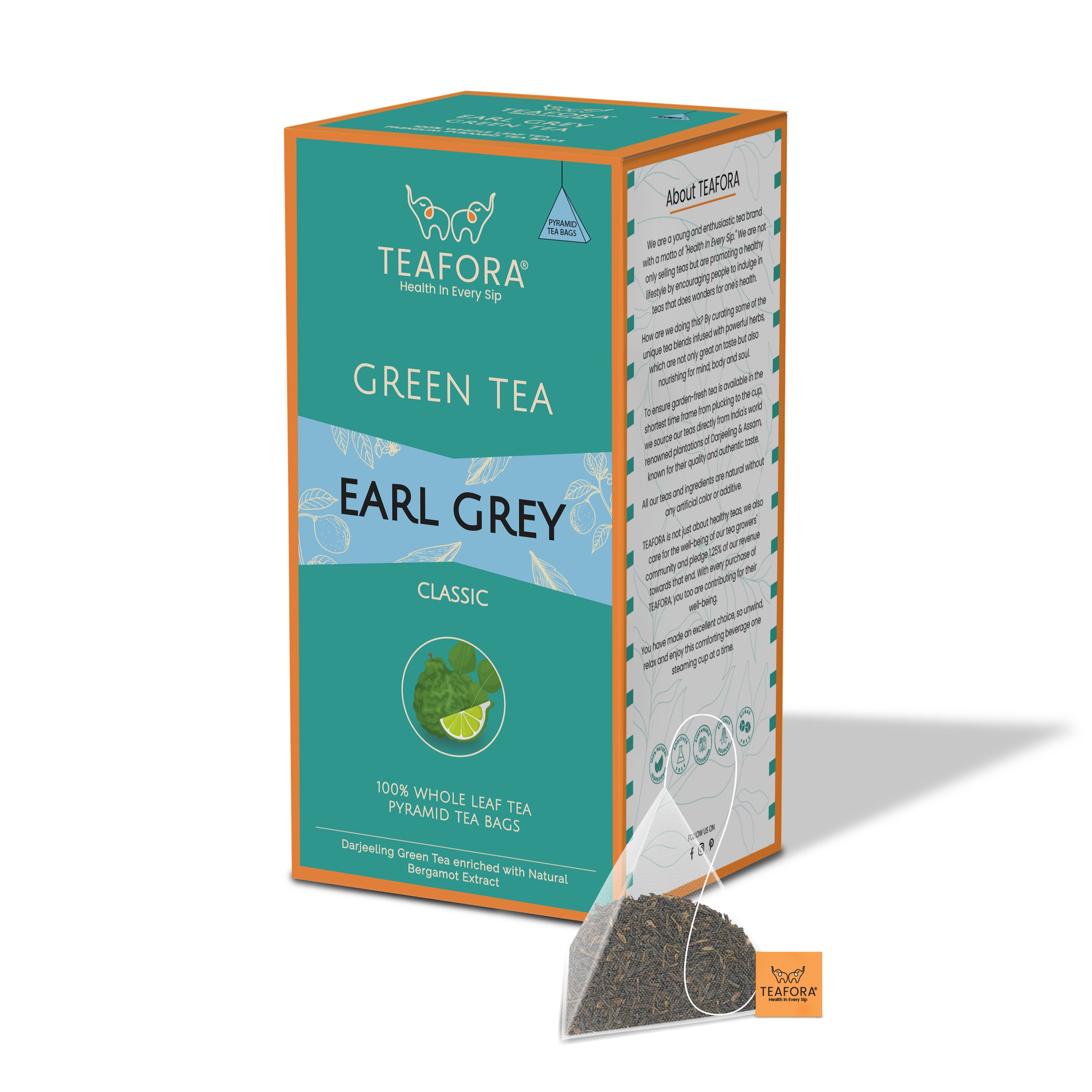 TEAFORA Earl Grey Green Tea | 20 Count Pyramid Tea Bags - Dista