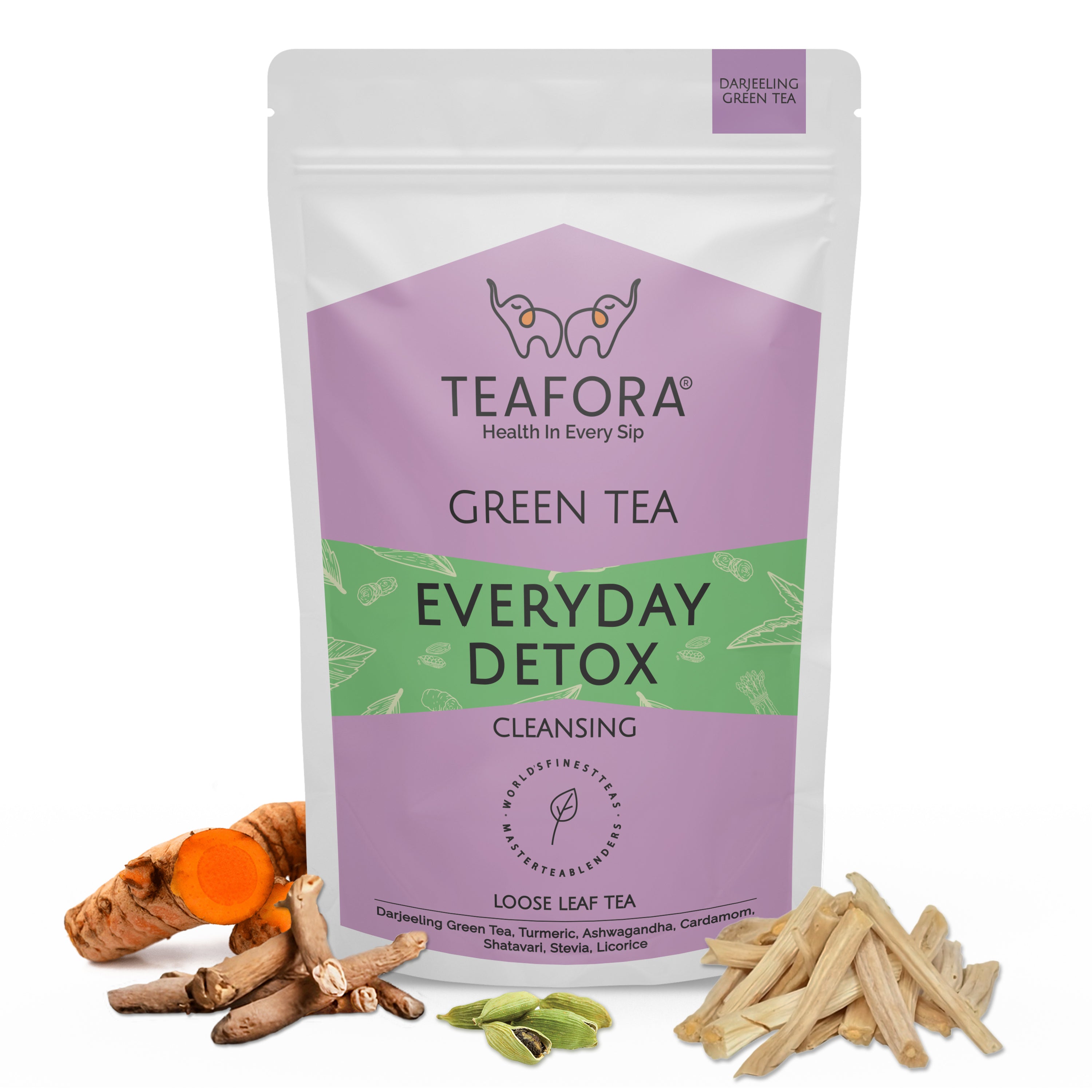 TEAFORA Everyday Detox Green Tea | Darjeeling Loose Leaf | 100% Natural Turmeric, Ashwagandha, Cardamom, Shatavari, Stevia | 50 Cups Hot Tea or Iced Tea - Dista
