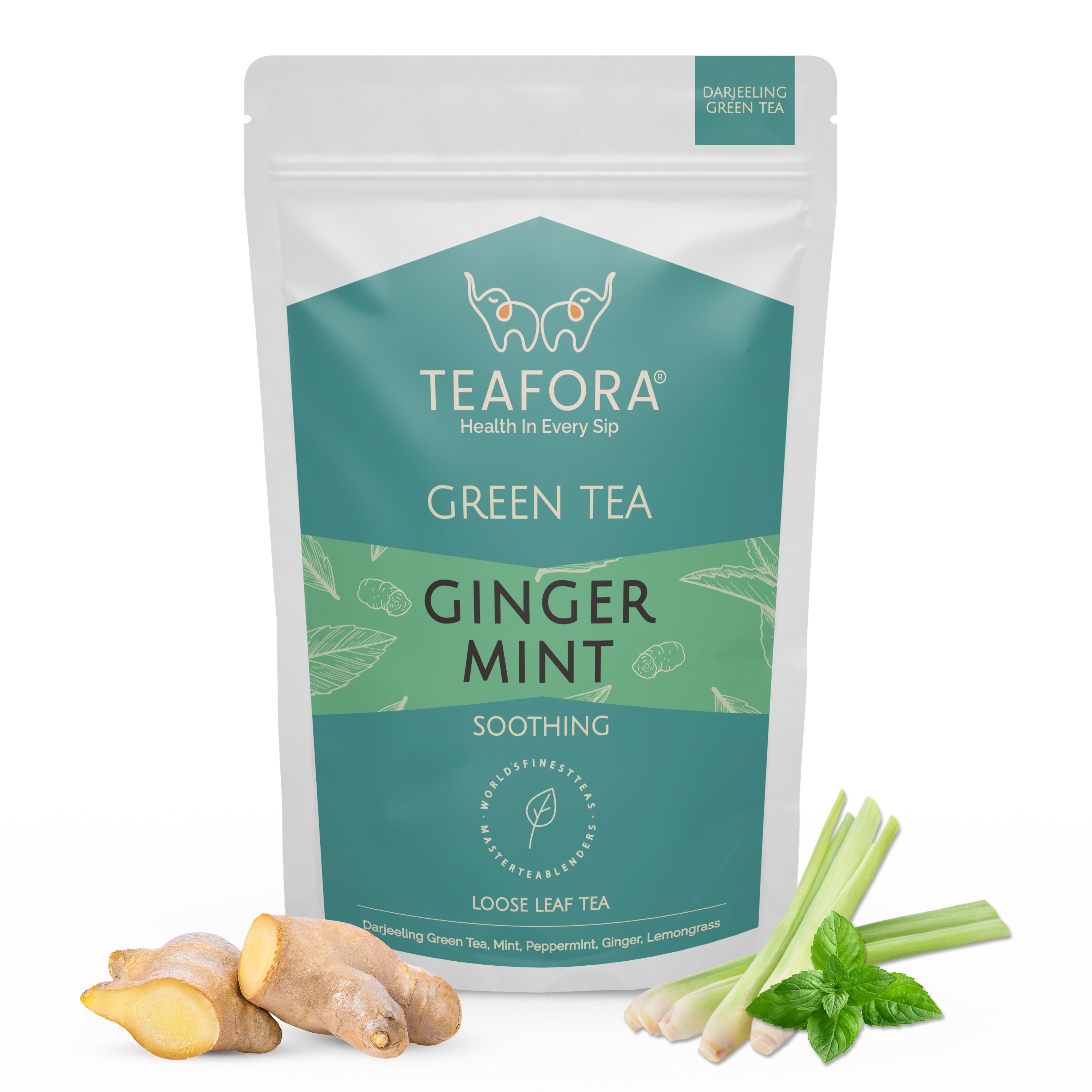 TEAFORA Ginger Mint Green Tea | Relaxing & Calming | Premium Darjeeling Loose Leaf | Immune Support Tea for Daily Wellness | 50 Cups Hot Tea or Iced Tea - Dista