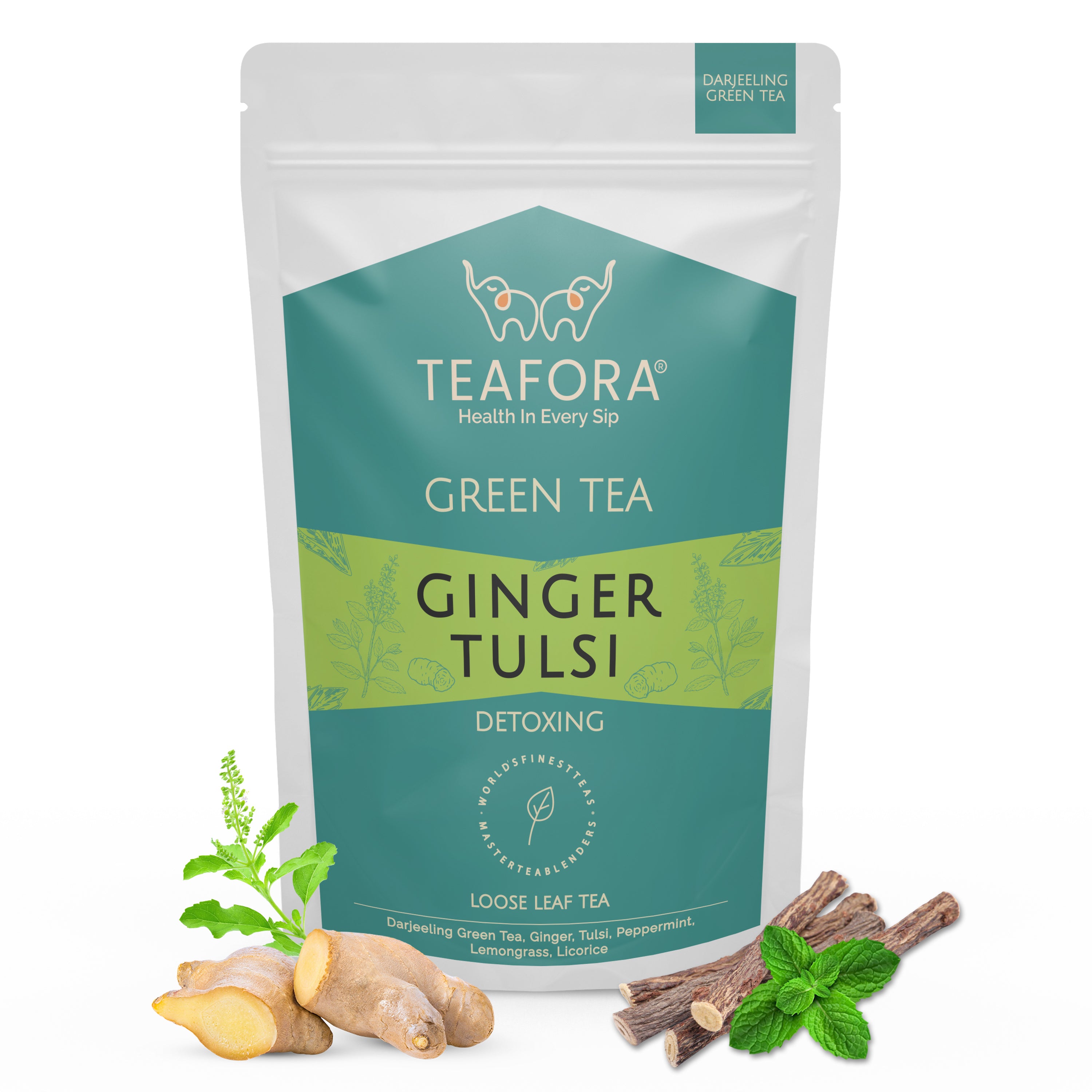 TEAFORA Ginger Tulsi Green Tea | Darjeeling Loose Leaf | Indian Superfoods Ginger, Tulsi & Licorice | Relieves Stress & Aids Digestion | Brew Hot or Iced Tea - Dista