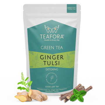 TEAFORA Ginger Tulsi Green Tea | Darjeeling Loose Leaf | Indian Superfoods Ginger, Tulsi & Licorice | Relieves Stress & Aids Digestion | Brew Hot or Iced Tea - Dista
