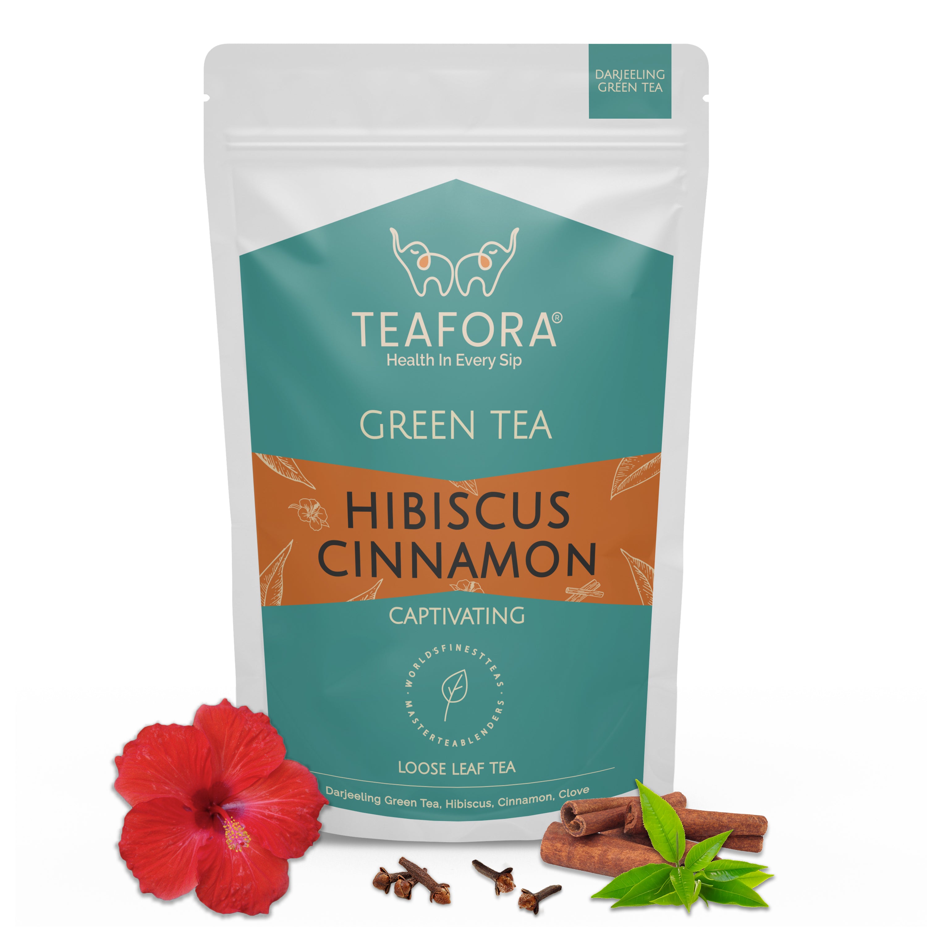 TEAFORA Hibiscus Cinnamon Green Tea | Darjeeling Loose Leaf | 100% Natural Hibiscus Flower, Cinnamon & Clove | Delicious & Refreshing | Brew Hot or Iced Tea - Dista