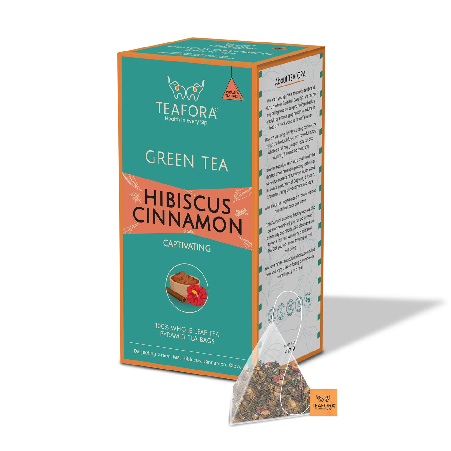 TEAFORA Hibiscus Cinnamon Green Tea | 20 Count Pyramid Tea Bags - Dista
