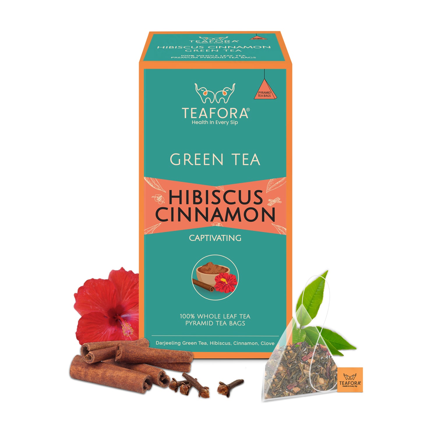 TEAFORA Hibiscus Cinnamon Green Tea | 20 Count Pyramid Tea Bags - Dista