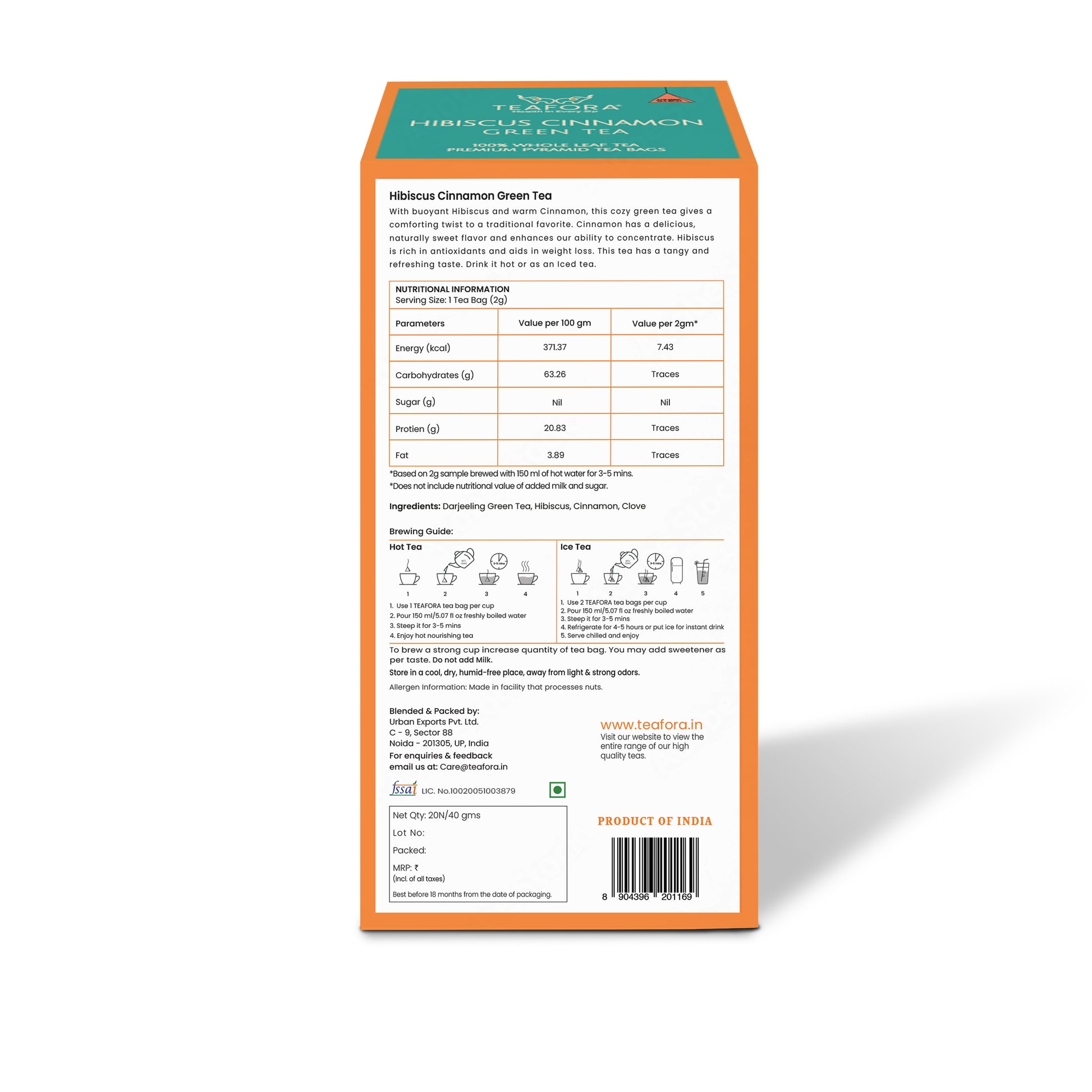TEAFORA Hibiscus Cinnamon Green Tea | 20 Count Pyramid Tea Bags - Dista