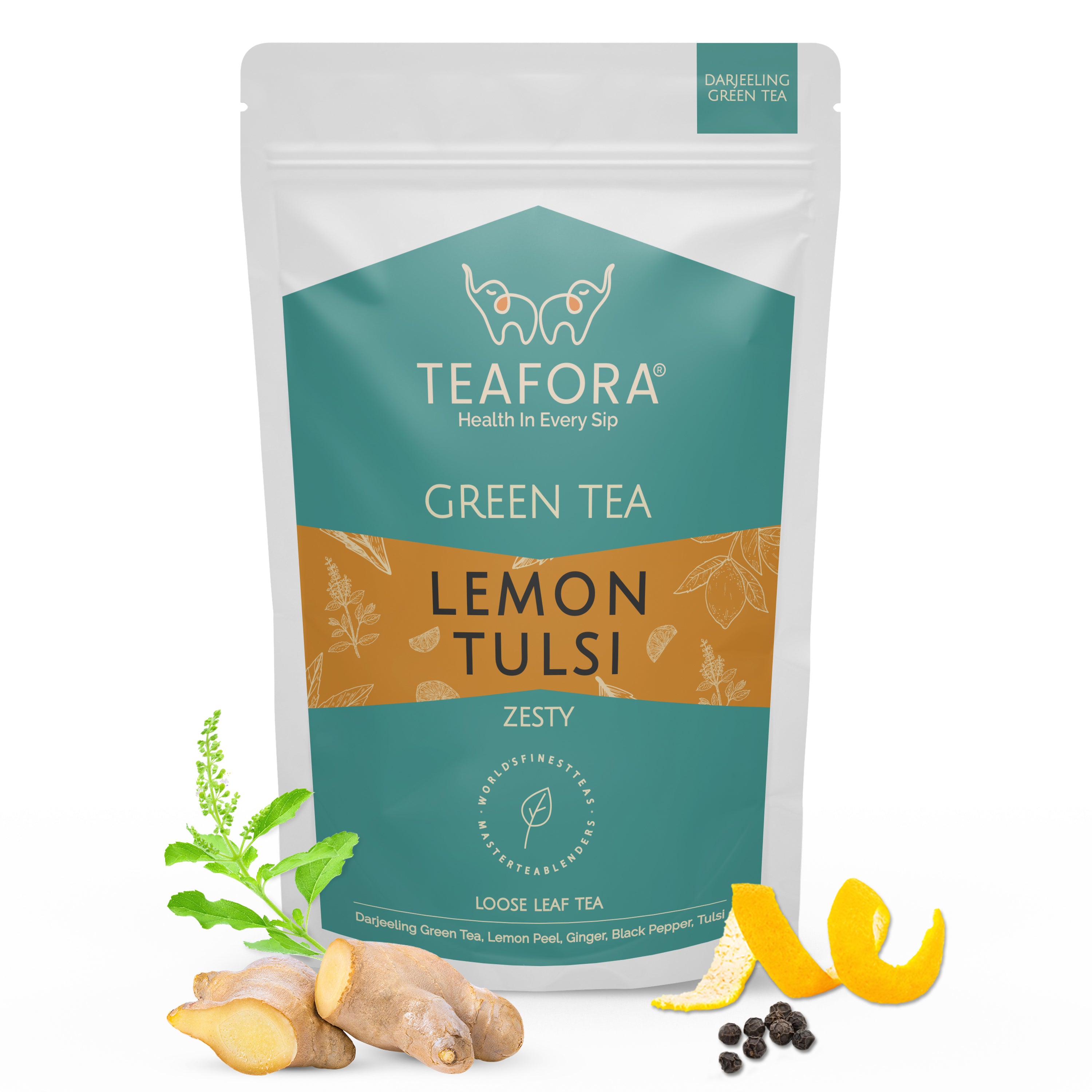TEAFORA Lemon Tulsi Green Tea | Darjeeling Loose Leaf | Stress Relief Tea | Immune Support Tea | 100% Natural Ingredients | Brew 50 Cups Hot or Iced Tea - Dista