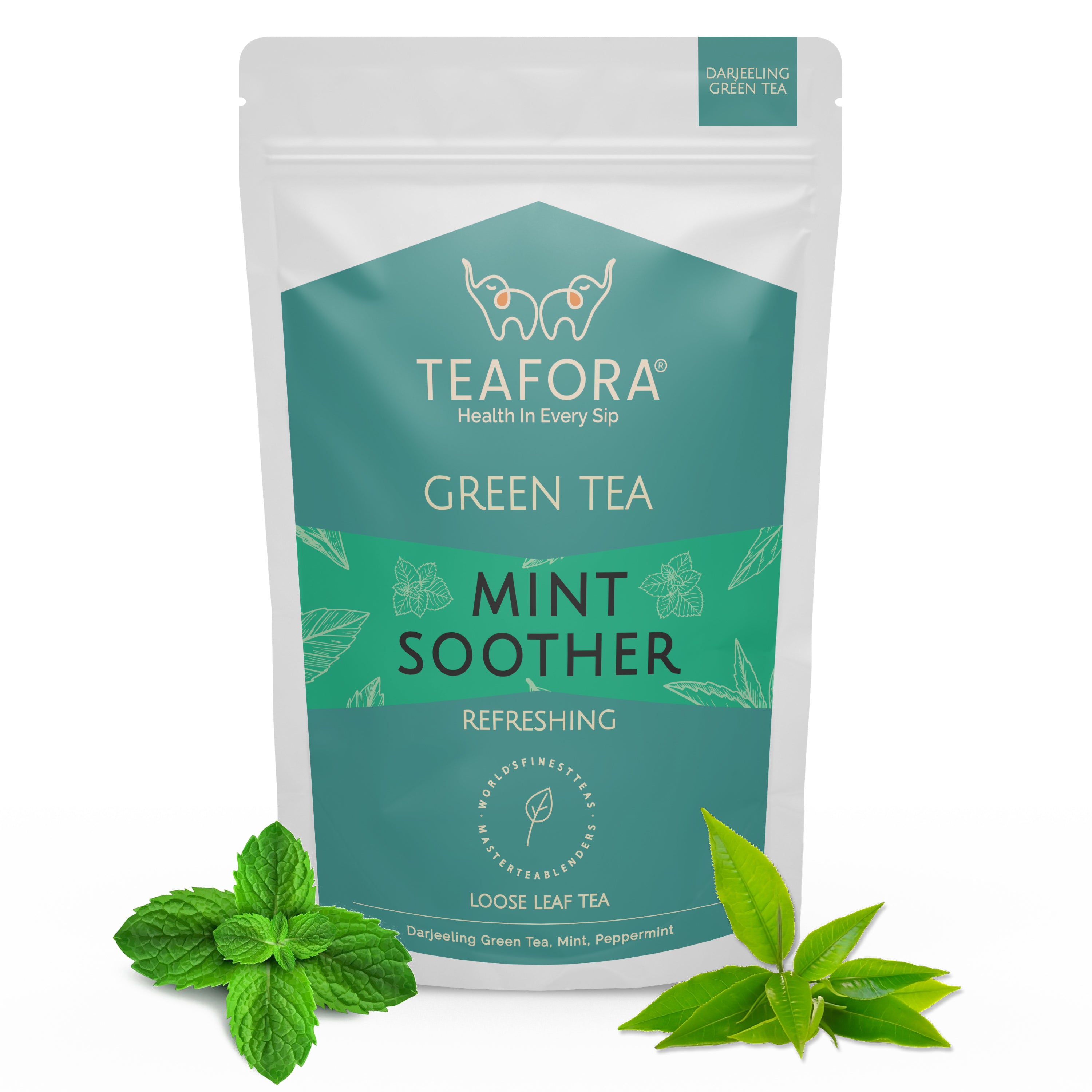 TEAFORA Mint Soother Green Tea | Darjeeling Loose Leaves | Blended with Fresh Mint & Peppermint Leaves | Refreshing & Calming Tea | 50 Cups Hot or Iced Tea - Dista