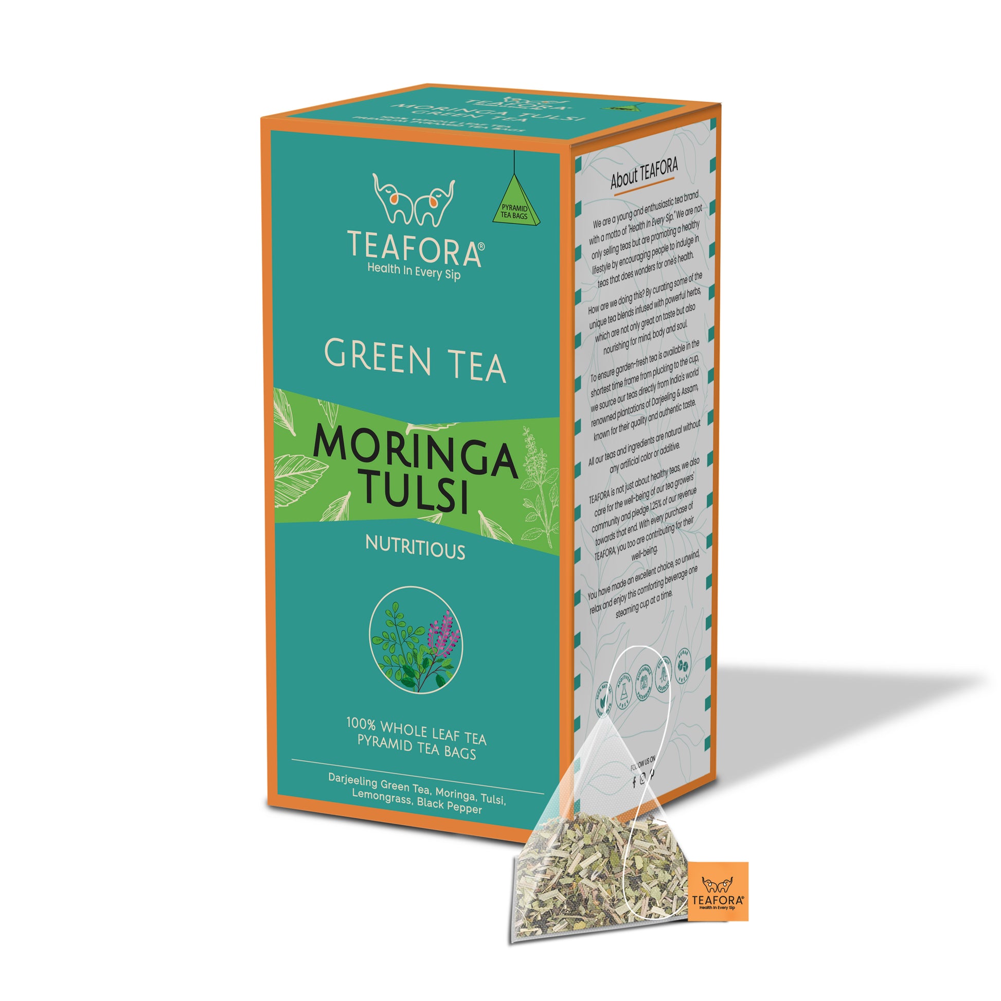 TEAFORA Moringa Tulsi Green Tea | 20 Count Pyramid Tea Bags - Dista