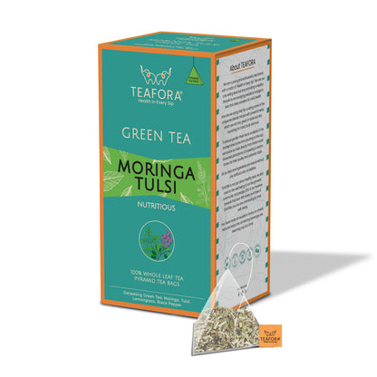 TEAFORA Moringa Tulsi Green Tea | 20 Count Pyramid Tea Bags - Dista