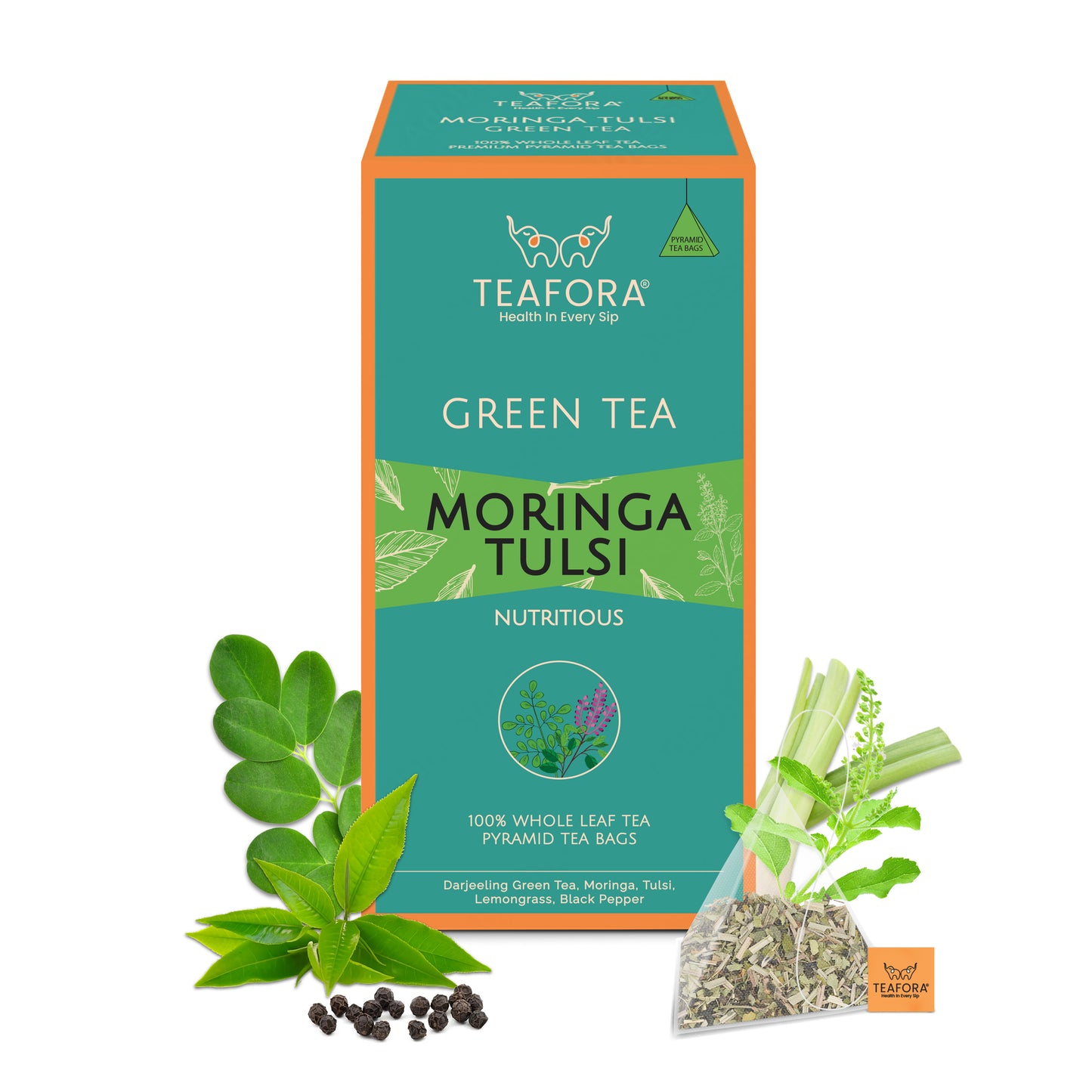 TEAFORA Moringa Tulsi Green Tea | 20 Count Pyramid Tea Bags - Dista