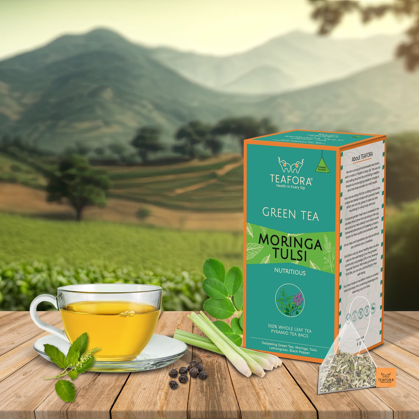 TEAFORA Moringa Tulsi Green Tea | 20 Count Pyramid Tea Bags - Dista