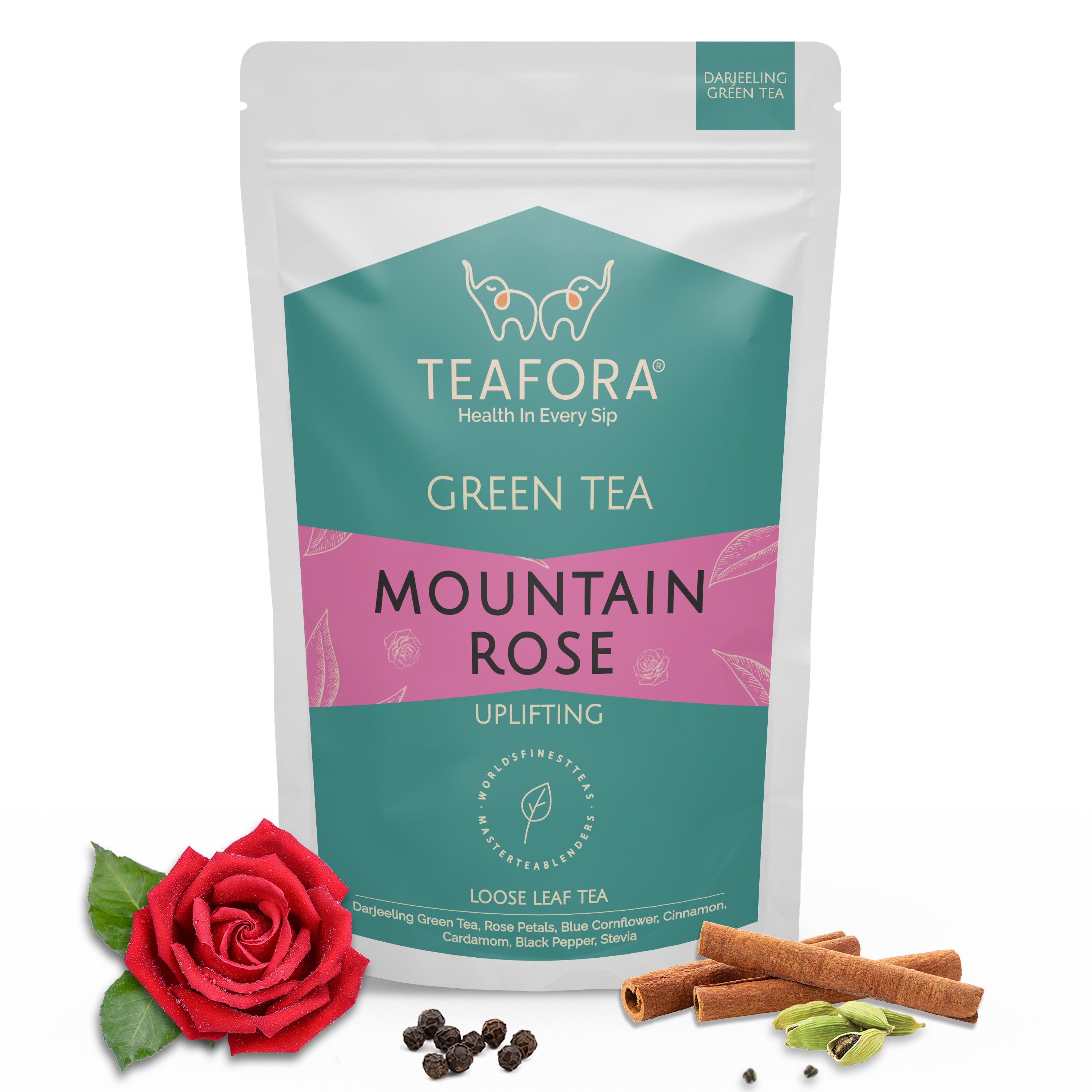 TEAFORA Mountain Rose Green Tea | Loose Leaf Tea | Blended with Rose Petals, Blue Cornflower & Cinnamon | 100% NATURAL INGREDIENTS | Brew Hot or Iced Tea - Dista