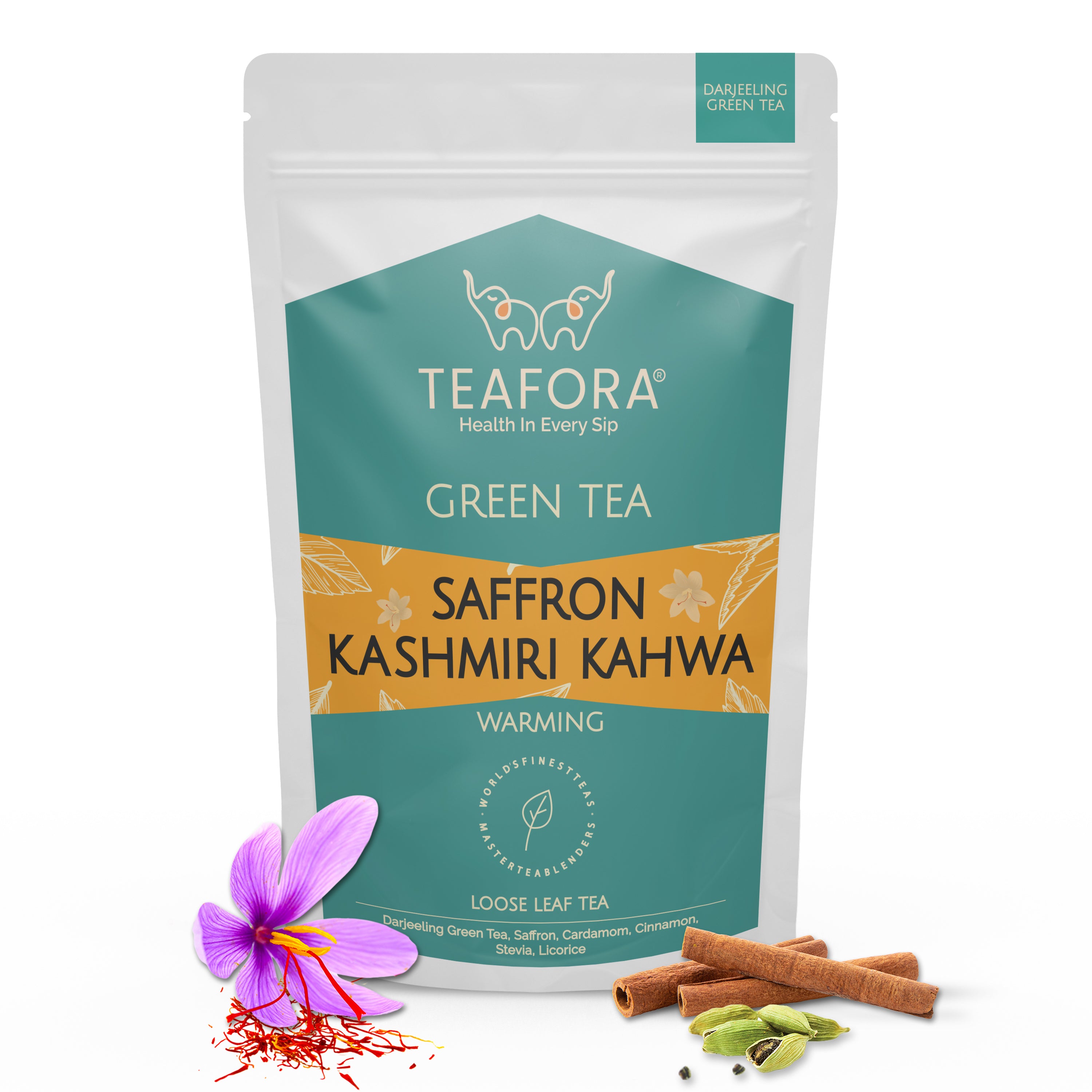 TEAFORA Saffron Kashmiri Kahwa | Loose Leaf Green Tea | Saffron, Cardamom, Cinnamon, Almond | Warming & Soothing Tea | Improves Digestion, Boosts Immunity | 100% NATURAL - Dista