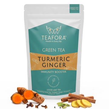 TEAFORA Turmeric Ginger Green Tea | Darjeeling Loose Leaf Tea | Blended with Indian Turmeric, Ginger &  Cinnamon | 100% NATURAL INGREDIENTS | Brew Hot or Iced Tea - Dista