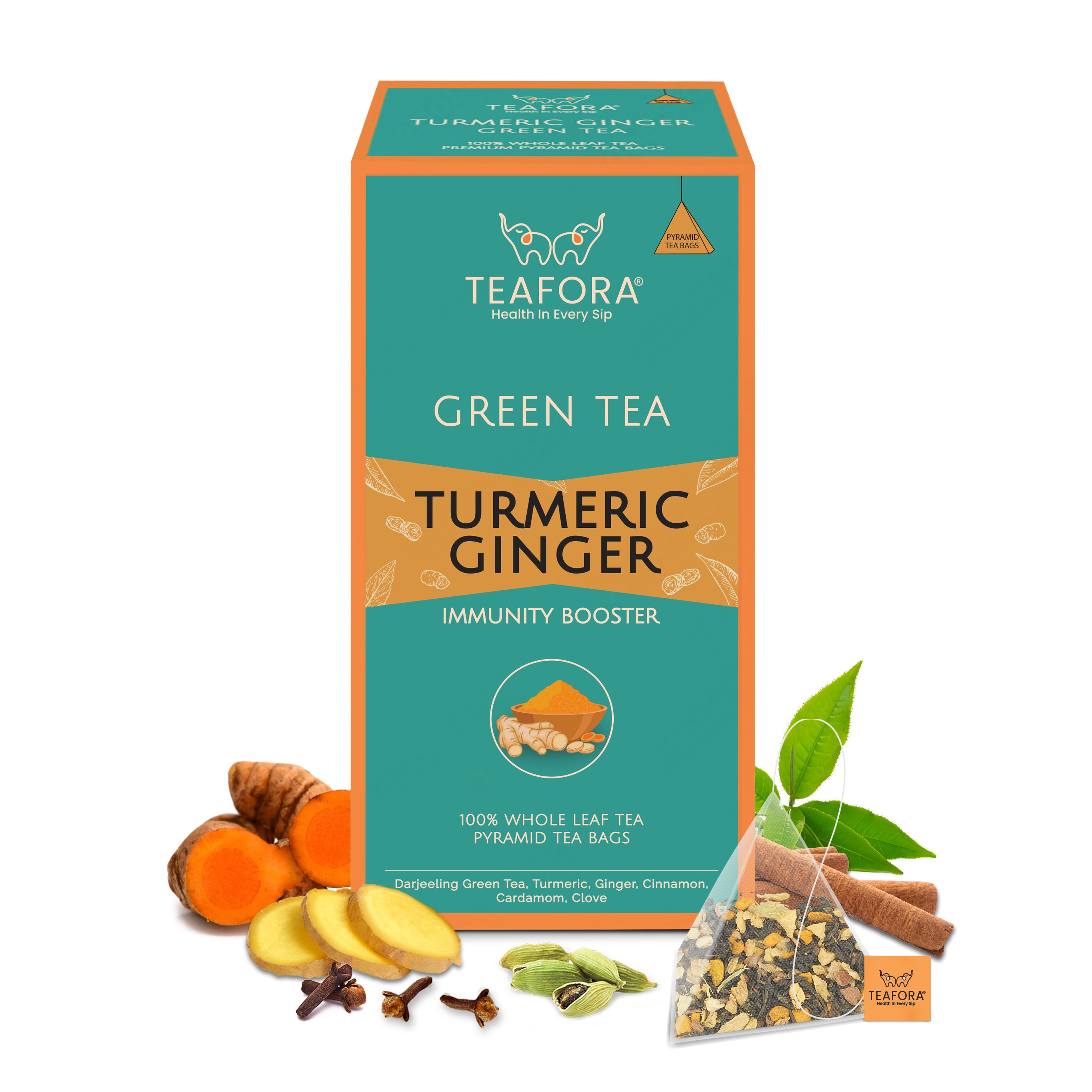 TEAFORA Turmeric Ginger Green Tea | 20 Count Pyramid Tea Bags