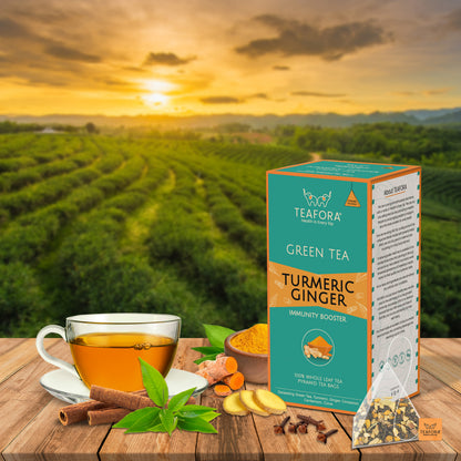 TEAFORA Turmeric Ginger Green Tea | 20 Count Pyramid Tea Bags - Dista