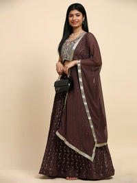 Thumbnail for Brown Georgette Embroidered Lehenga choli with Dupatta - Dhara - Distacart