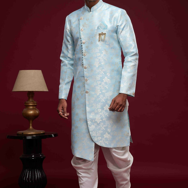 Raivat Ethnic Banarasi Jacquard Embroidery Semi Indo Western Sherwani In Sky Blue Colour