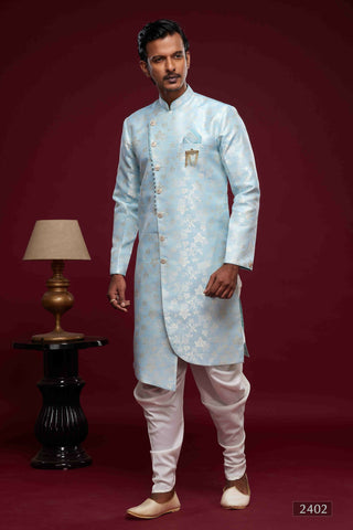 Raivat Ethnic Banarasi Jacquard Embroidery Semi Indo Western Sherwani In Sky Blue Colour