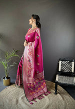 Thumbnail for Joban Fashion Pink Elephant & Floral Motifs Soft Lichi Silk Banarasi Saree - Distacart