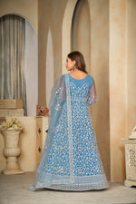 Thumbnail for Jyoti Fashion Women's Sky Blue Net Embroidered Anarkali Kurta Pant Set With Dupatta - Distacart