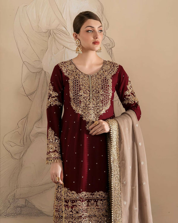 Joban Fashion Maroon Sharara Georgette Sequence with Pearl work & Fancy Lace.