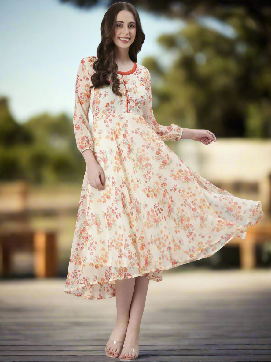 Souchii Cream Floral Printed Fit & Flare Dress