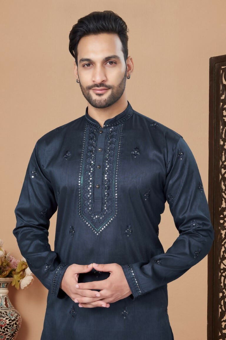 Functional Designer Men's Blue Heavy Super Silk Kurta With Pant - Rudra - Distacart