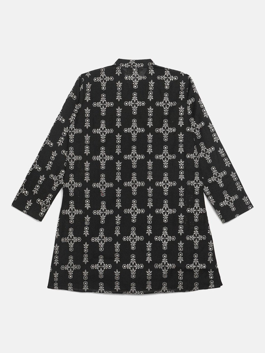 Ahalyaa Boys Black Chanderi Gold Printed Kids Kurta Churidar Set - Distacart