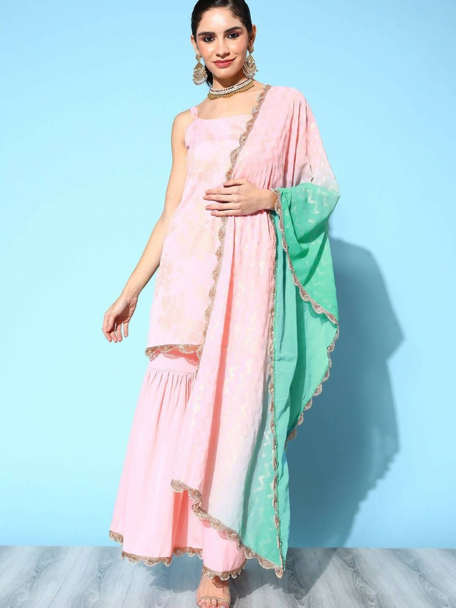 Ahalyaa Women's Baby Pink Crepe Gold Smoke Printed Kurta Sharara Set With Dupatta - Distacart