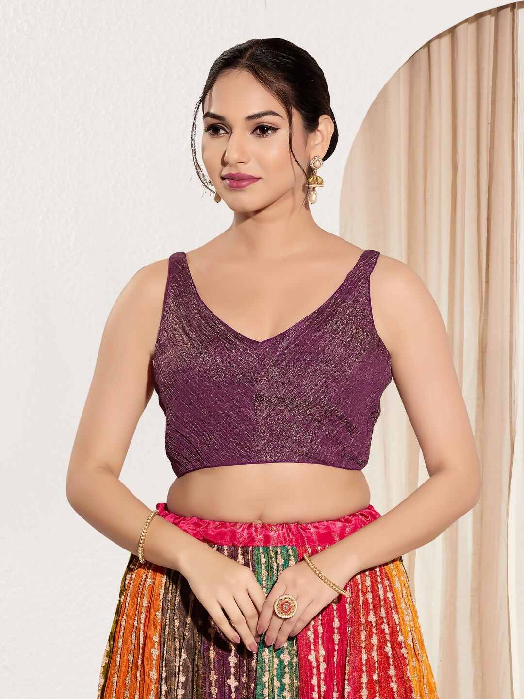 Joban Fashion Wine Tissue Padded Blouse With Sweetheart Neck Sleeveless