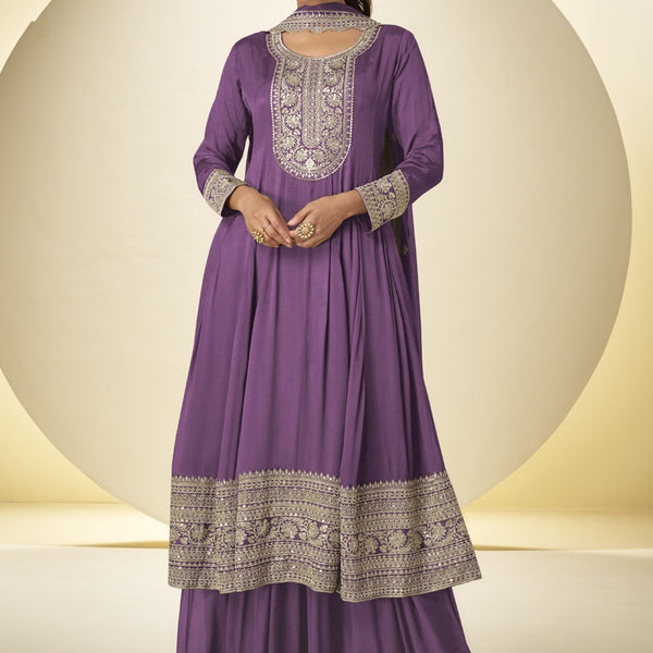 Vegaa Fashion Lavender Chinon Silk Embroidered Designer Salwar Palazzo Suit