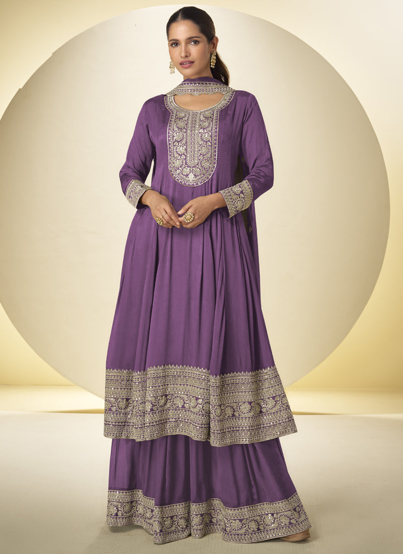 Vegaa Fashion Lavender Chinon Silk Embroidered Designer Salwar Palazzo Suit