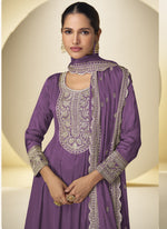 Thumbnail for Vegaa Fashion Lavender Chinon Silk Embroidered Designer Salwar Palazzo Suit