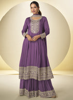 Thumbnail for Vegaa Fashion Lavender Chinon Silk Embroidered Designer Salwar Palazzo Suit