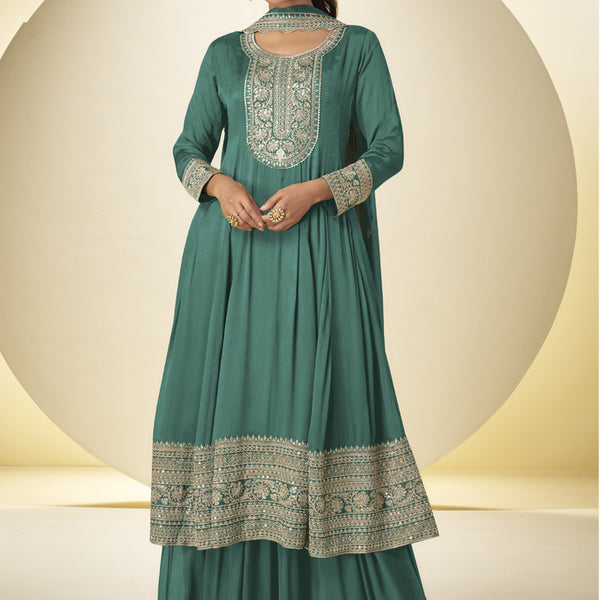 Vegaa Fashion Rama Green Chinon Silk Embroidered Designer Salwar Palazzo Suit - Distacart