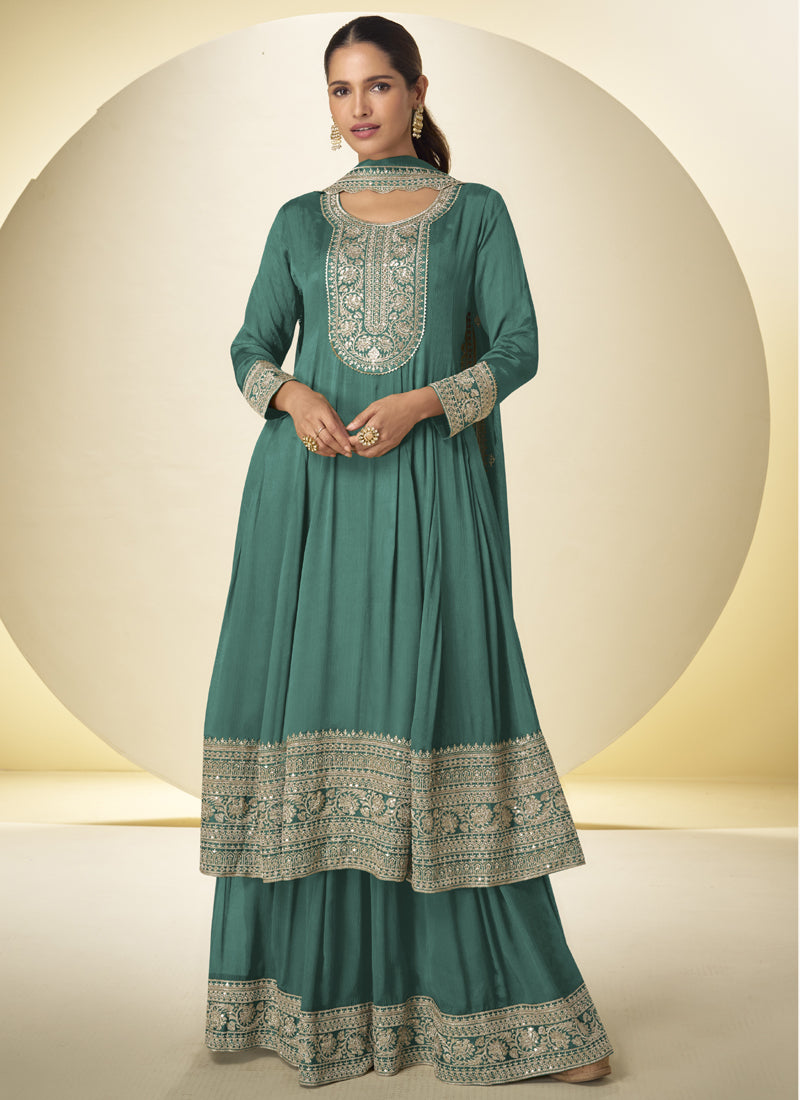 Vegaa Fashion Rama Green Chinon Silk Embroidered Designer Salwar Palazzo Suit