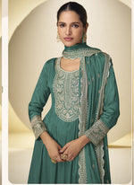 Thumbnail for Vegaa Fashion Rama Green Chinon Silk Embroidered Designer Salwar Palazzo Suit - Distacart
