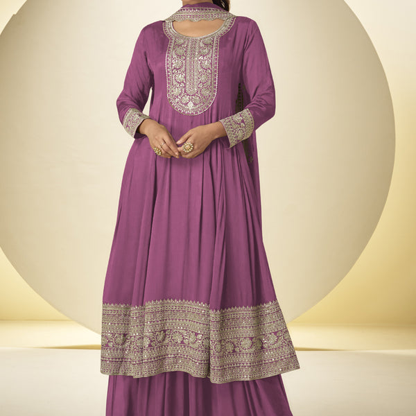Vegaa Fashion Onion Pink Chinon Silk Embroidered Designer Salwar Palazzo Suit - Distacart