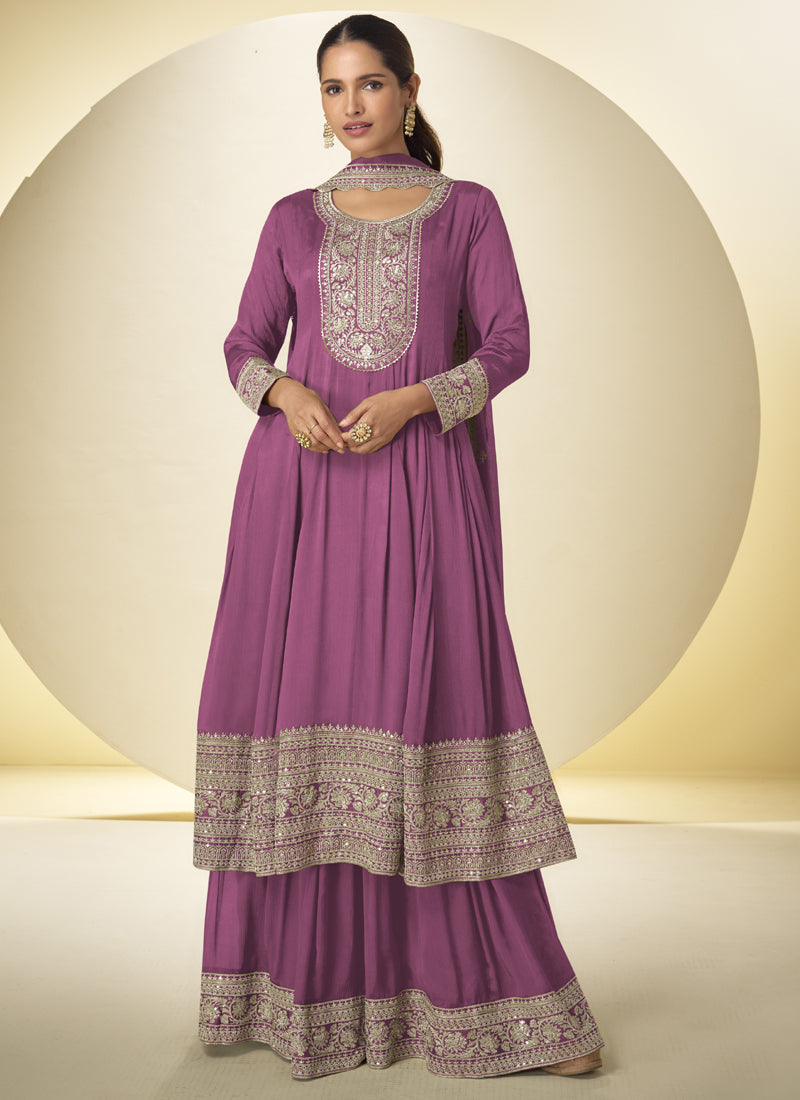Vegaa Fashion Onion Pink Chinon Silk Embroidered Designer Salwar Palazzo Suit