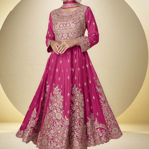 Vegaa Fashion Pink Chinon Silk Embroidered Designer Anarkali Suit