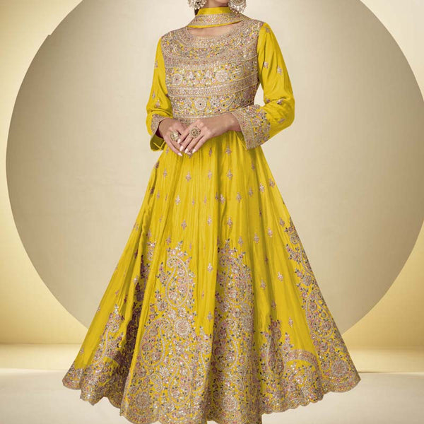 Vegaa Fashion Yellow Chinon Silk Embroidered Designer Anarkali Suit