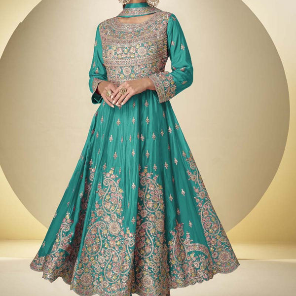 Vegaa Fashion Turquoise Chinon Silk Embroidered Designer Anarkali Suit