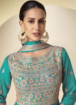 Thumbnail for Vegaa Fashion Turquoise Chinon Silk Embroidered Designer Anarkali Suit