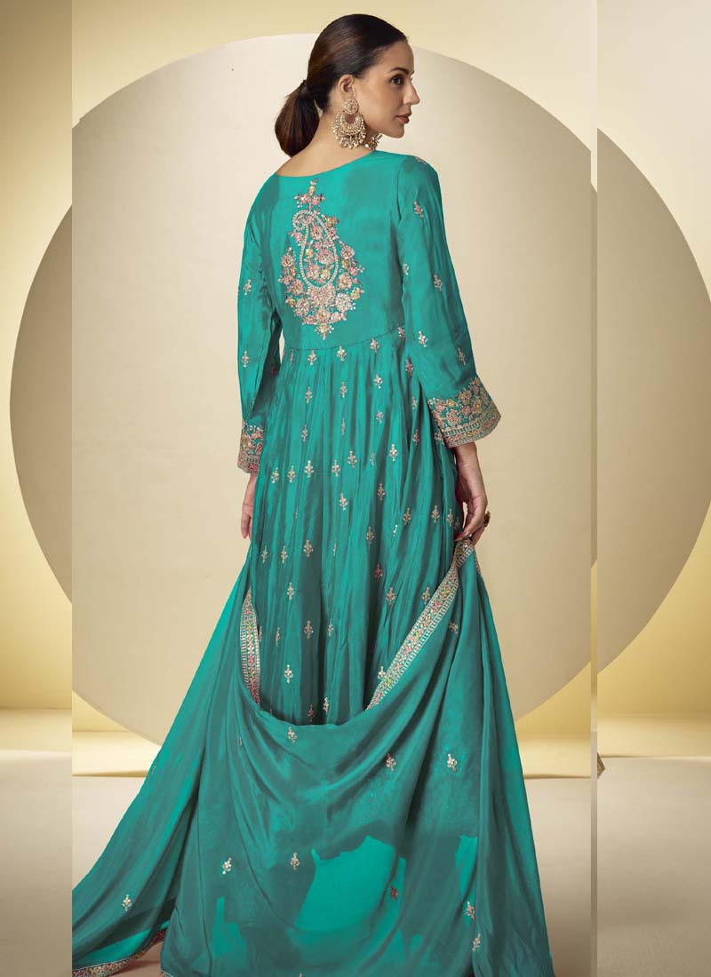 Vegaa Fashion Turquoise Chinon Silk Embroidered Designer Anarkali Suit