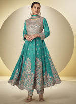 Thumbnail for Vegaa Fashion Turquoise Chinon Silk Embroidered Designer Anarkali Suit